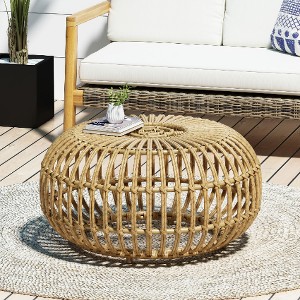 Lyngins Boho Faux Rattan Outdoor Side Table, Handcrafted Patio Coffee Table, 19.7" Cylinder Patio End Tables, Light Brown - 1 of 4