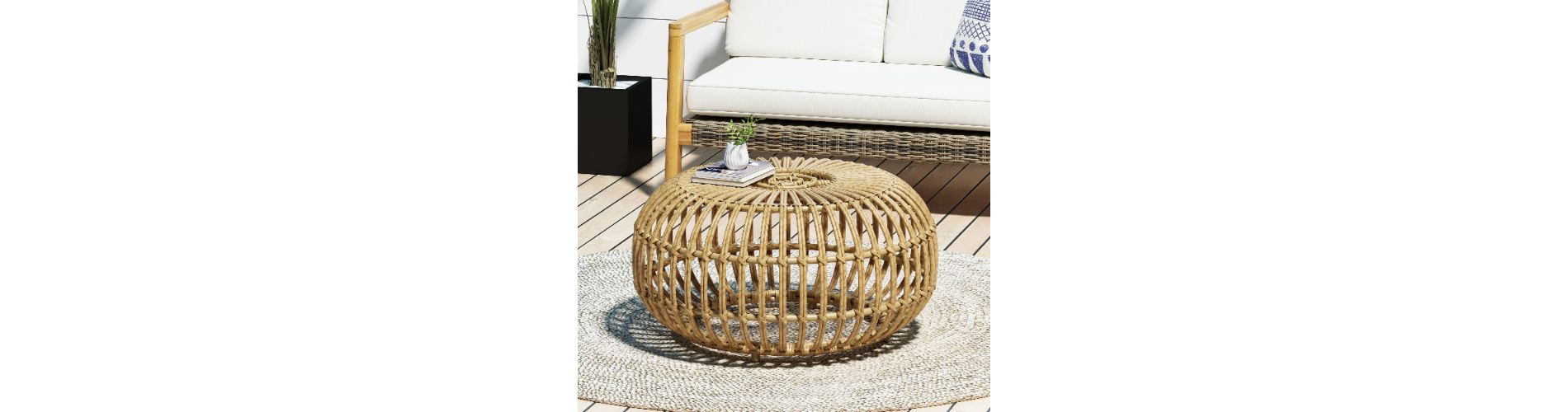 Lyngins Boho Faux Rattan Outdoor Side Table, Handcrafted Patio Coffee Table, 29.5" Round Patio End Table, Brown Accent Table
