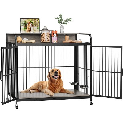 48 Inch Dog Crate Furniture, with 360° Wheels, Adjustable Raised Feeder, Heavy-Duty Dog Cage Side End Table