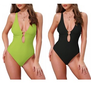 INSPIRE CHIC Women's O Ring Cut Out Deep V Monokini Bikini Suit 2 Sets - 1 of 4