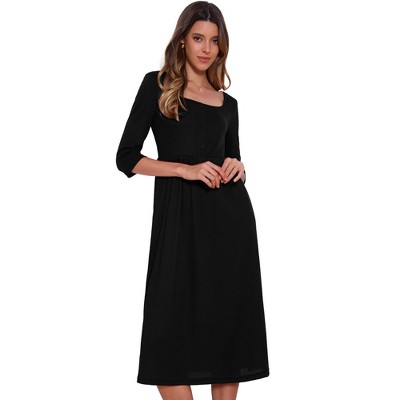 INSPIRE CHIC Women's Square Neck 3/4 Sleeves Waffle Knit Casual Midi Dress