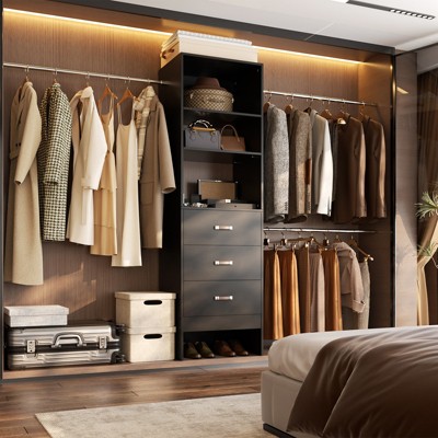 Aheaplus 21''-96'' Adjustable Closet System with 3 drawers, Hanging Rods, Storage Shelves