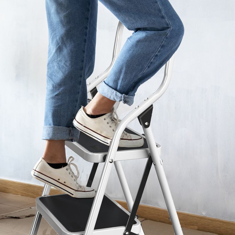 3-Step Stool - Folding Ladder with Handrails, Attachable Tool Bag, Nonslip Feet, Steel Frame, and 330lbs Weight Capacity by Stalwart (White), 2 of 7