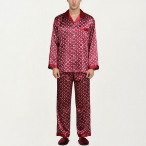 Anna-Kaci Men's 2-Piece Set Satin Pajamas with Geometric Print Contrast Collar and Button-Up Top - 1 of 4
