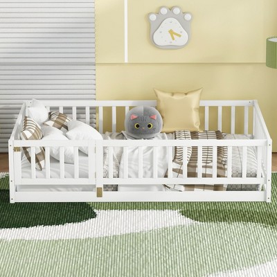 NicBex Twin/Full Size Kids Floor Bed Frame,Montessori Toddler Bed with Fence&Door,Wooden Floor Bed for Girls,Boys,Safe&Formaldehyde-free