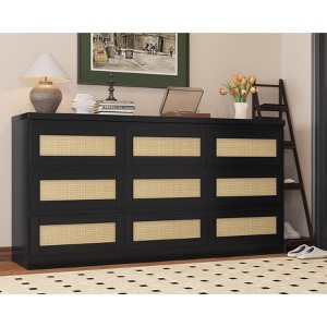 Zstar Farmhouse 9 Drawer Triple Dresser for Bedroom with Charging Station, Wood Storage Cabinet with Rattan Fronts - 1 of 4