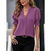 Women's V Neck Shirts Solid Frill Short Puff Sleeve Blouse Flowy Shirred Work Tunic Chiffon Top Tee - 3 of 4