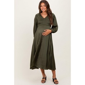 Pinkblush Olive Satin Smocked Pleated Maternity Midi Dress - 1 of 3