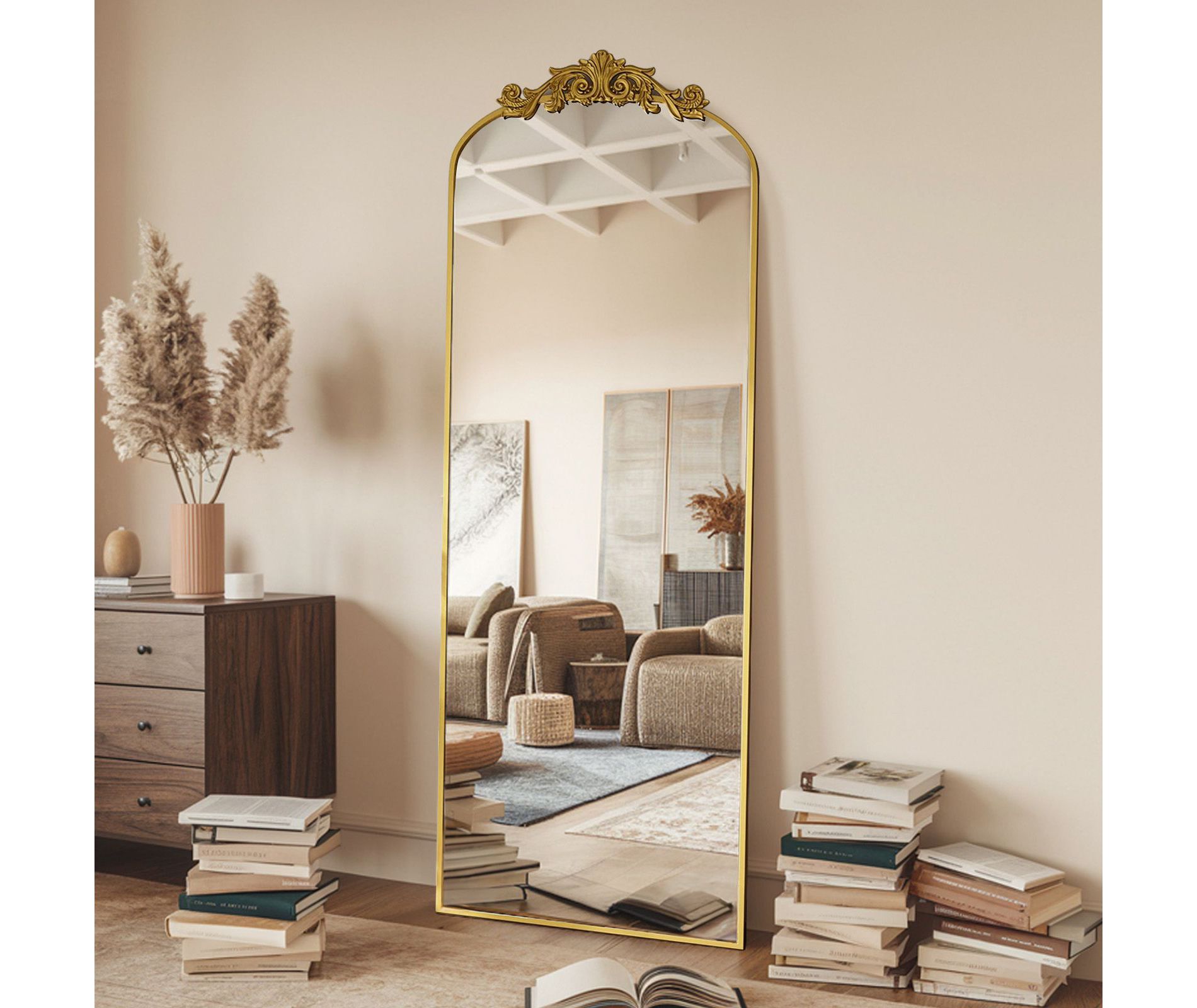 65"x22"  Arched Full Length Mirror Metal Vintage Mirror Baroque Style,Antique Gold