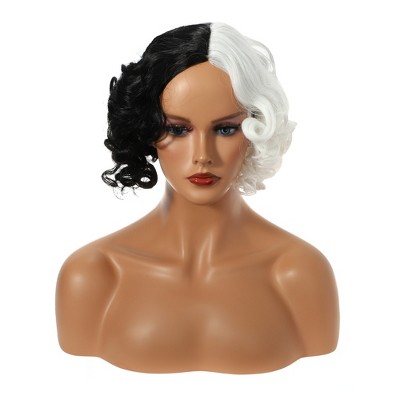 Unique Bargains Women's Curly Wigs 14" Black White with Wig Cap Shoulder Length
