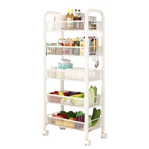 5-Tier Kitchen Storage Carts,Trolley with 4 Hooks,Rolling Utility Cart Load-bearing 40KG Storage Rack Shelves for Home Bathroom Office - 1 of 4