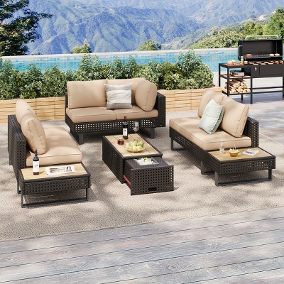 4 PCS Outdoor Patio Furniture Set, Wicker Sectional Sofa Set with Extendable Coffee Table, Rattan Modular Conversation Set for Backyard Garden