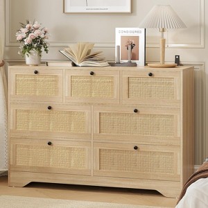 Rattan Farmhouse Modern 7 Drawer Dresser, Wooden Storage Organizer for Closet, Living Room, Entryway, Hallway, Oak - 1 of 4