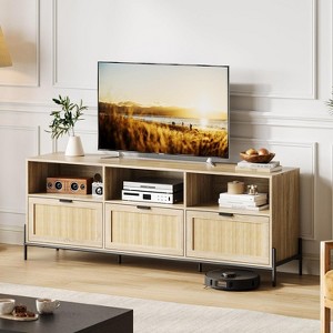 Homhougo TV Stand for 65 Inch TV, Entainment Center with Storage, Rattan TV Console with 3 Drawers and Open Shelf, Mid Century Modern TV Stand, Oak - 1 of 4