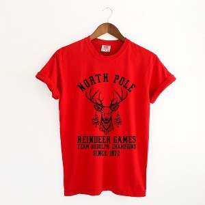 Simply Sage Market Women's North Pole Reindeer Games Short Sleeve Garment Dyed Tee - 1 of 4