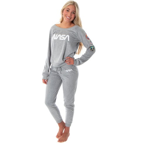 NASA Worm Logo Women s Juniors Space Shuttle Patches Jogger Pajama Set SM Grey