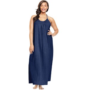 Dreams & Co. Women's Plus Size Breezy Eyelet Knit Long Nightgown - 1 of 4