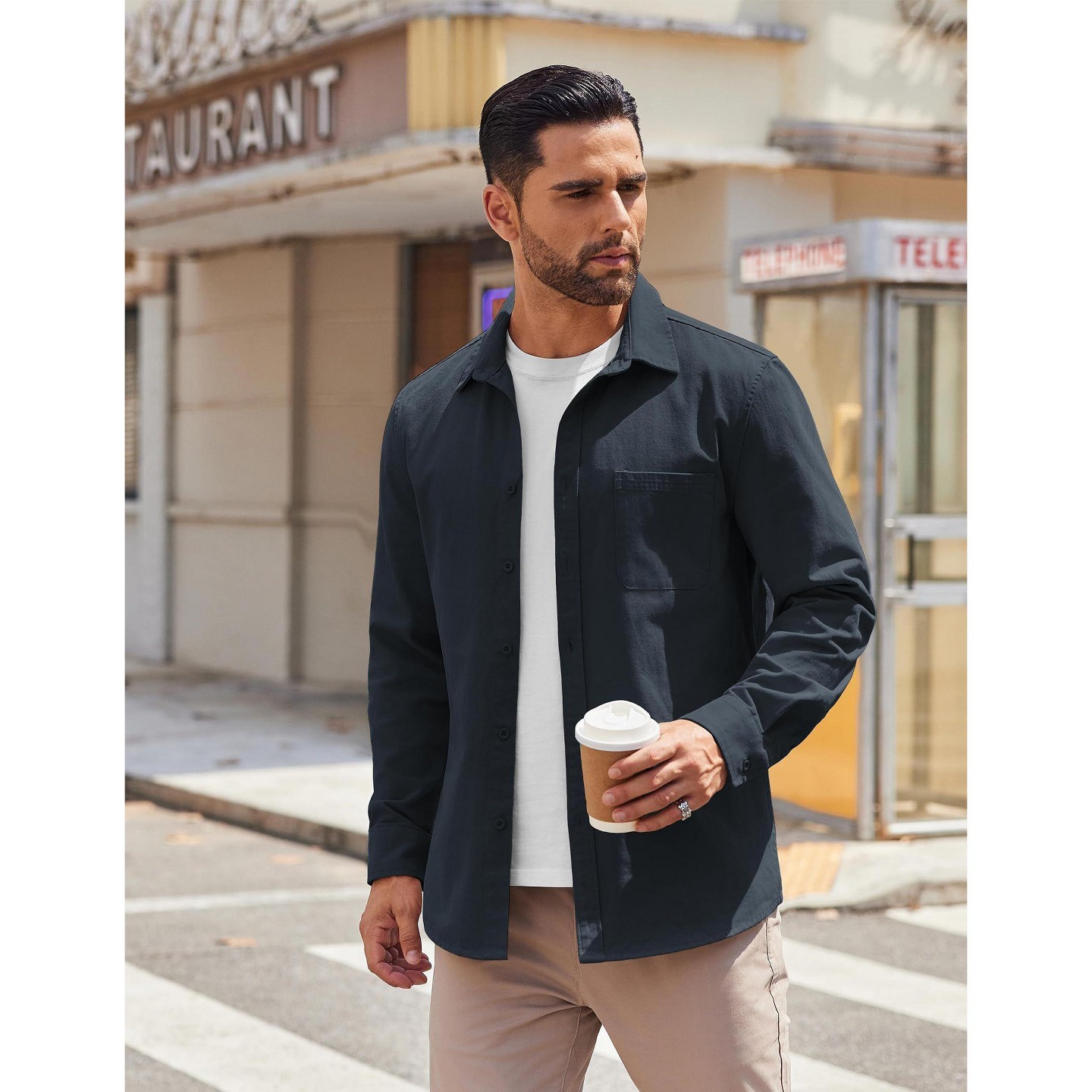 Мужская куртка COOFANDY Lightweight Button Down Shirt Jacket Casual Shacket Overshirt Nave Blue L Navy Blue, цвет: Синий — фото 5