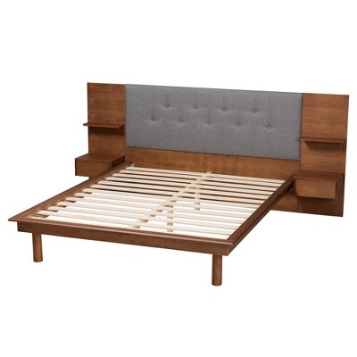 Gray and Walnut Queen Upholstered Wood Platform Storage Bed