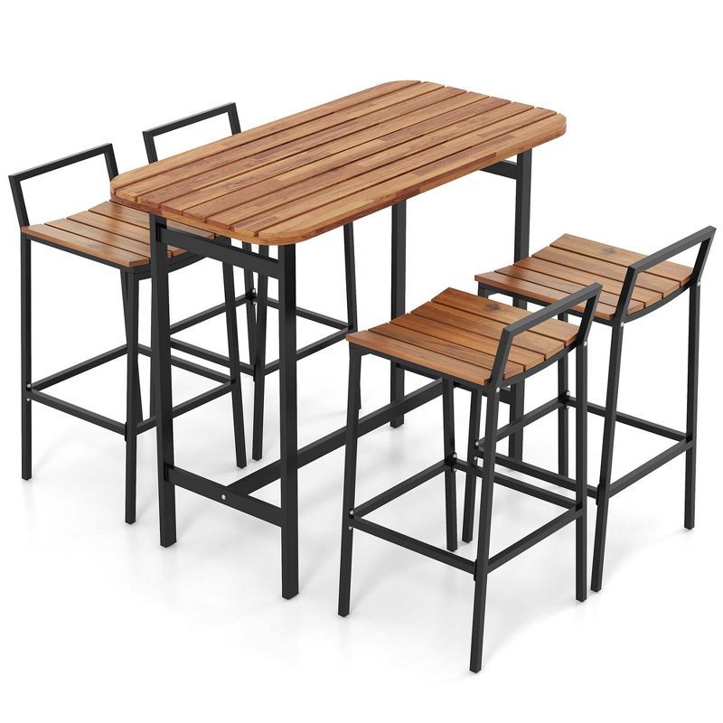 Costway 5 PCS Acacia Wood Bar Table Set Outdoor Bar Height Table & Chairs with Metal Frame, 2 of 11