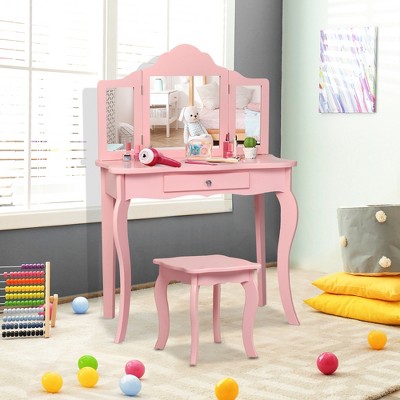 Costway Kids Vanity Table Stool Princess Dressing Make Up Play Set for Girls Pink