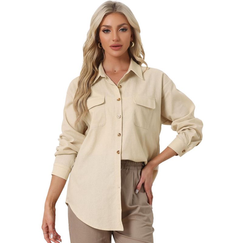 Allegra K Women's Loose Roll-up Long Sleeve Pockets Button Down Casual Shirts, 1 of 6