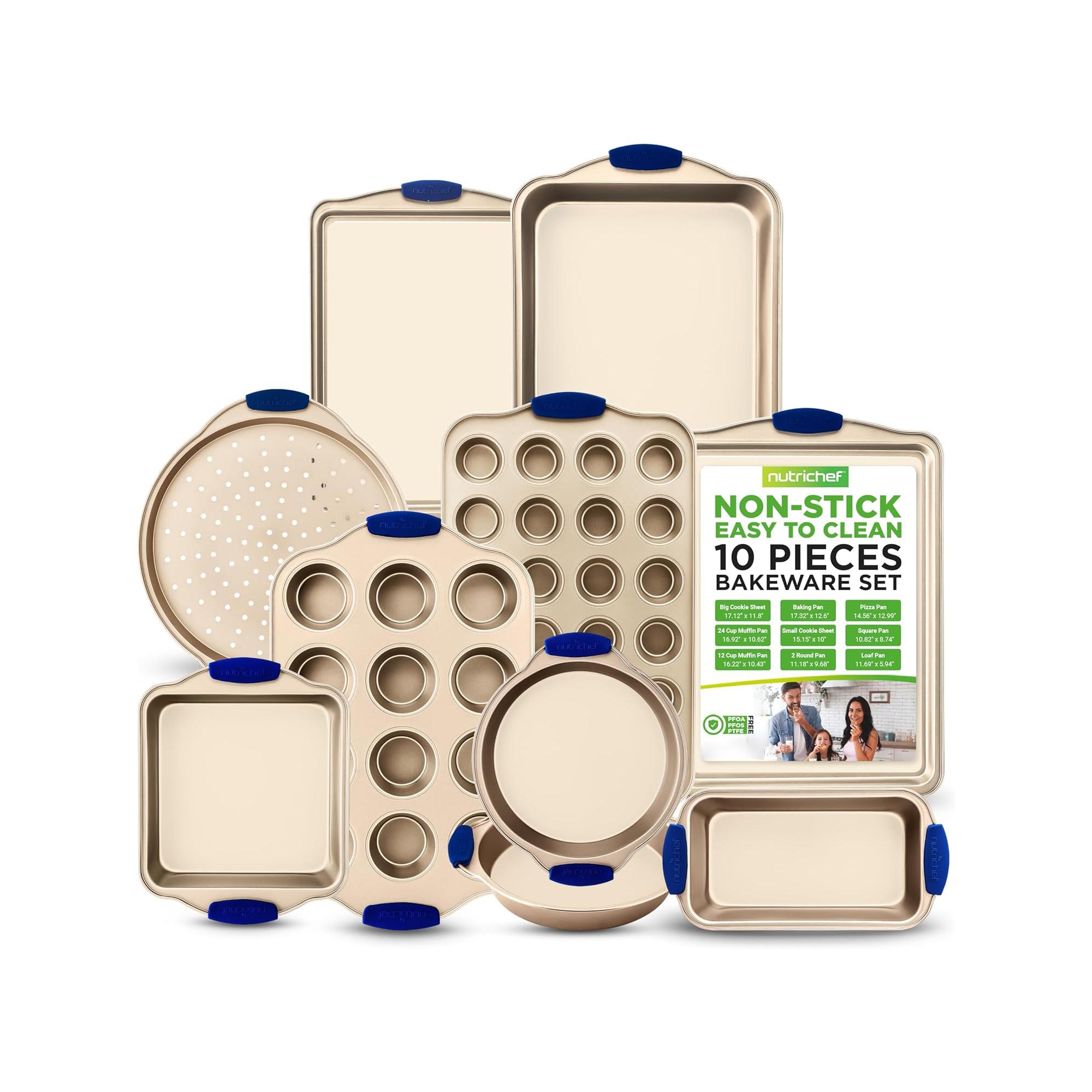 NutriChef 10-Piece Non-Stick Bakeware Set - Carbon Steel with Gold Silicone Coating and Blue Silicone Handles
