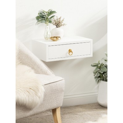 White and Gold Floating Wood Side Table with Drawer