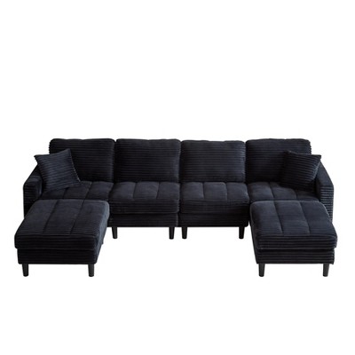 NicBex 122.5 Inch U-Shaped Corduroy Sectional Sofa with 2 Ottomans and 2 Pillows for Living Room,Bedroom,Black