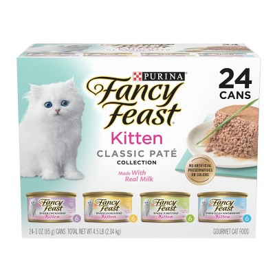 Photo 1 of   date 08/2025---Purina Fancy Feast Tender Seafood, Turkey, Chicken and Salmon Flavor Variety Pack Wet Cat Food - 4.5lbs/24pk cken and Salmon Flavor Variety Pack Wet Cat Food - 4.5lbs/24pk	