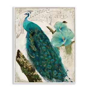 Stupell Industries Vintage Parisian Peacock Patterned Bird Blue Hibiscus Flower Black Framed Giclee Art - 1 of 4