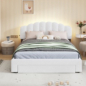 Okak Queen Elegant Platform Bed Frame with Upholstered & 2 USB Ports Teddy Fleece Bed with Storage Drawer Easy to Assemble, White - 1 of 4