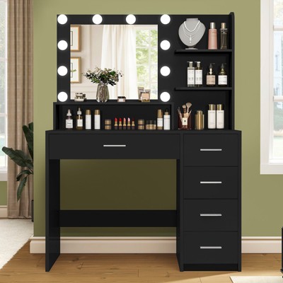 USIKEY Makeup Vanity Desk with Mirror & Lights, Vanity Desk with 5 Drawers & Storage Shelves for Bedroom