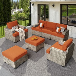 XIZZI All-Weather Rattan Furniture, Sectional Sets w/ Optional Solar Light-Up Coffee Table & Ottoman, Choose 6-9pc Configs in 8 Fade Resistant Colors - 1 of 4