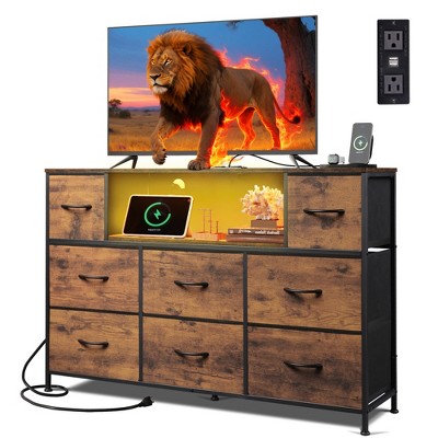 8-Drawer Fabric Dresser with Charging Station and LED Lights, TV Stand for 55-Inch