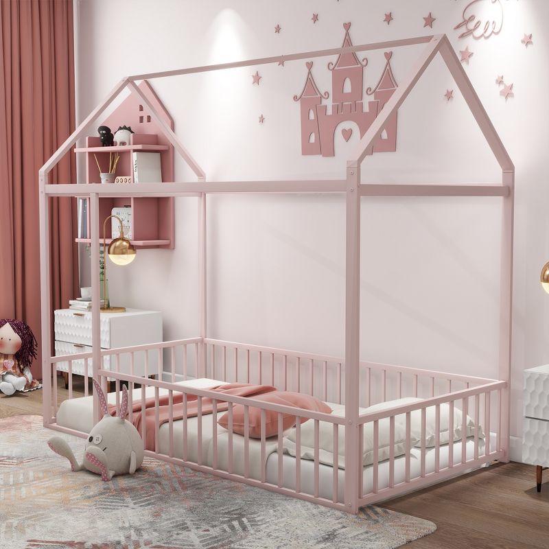 Twin/Full Size Metal Bed House Bed Frame with Fence, Floor Bed for Kids, Teens - ModernLuxe, 2 of 9