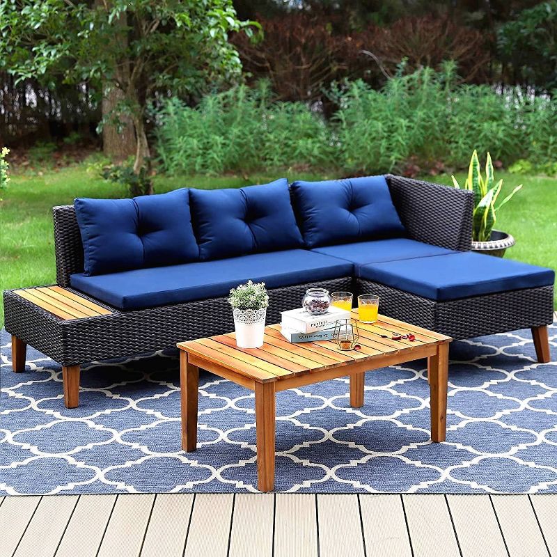3pc Outdoor Acacia Wood Conversation Set with Sectional Sofa &#38; Cushions - Captiva Designs, 4 of 12