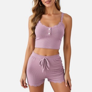 Anna-Kaci Lounge Women's Ribbed Lace Trim Pajama Set with Button Front and Drawstring Shorts - 1 of 4