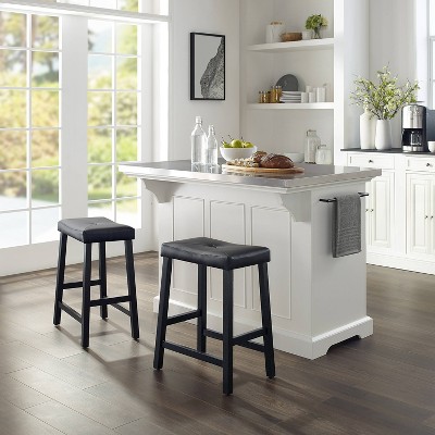 Julia White Stainless Steel Top Kitchen Island with Saddle Stools