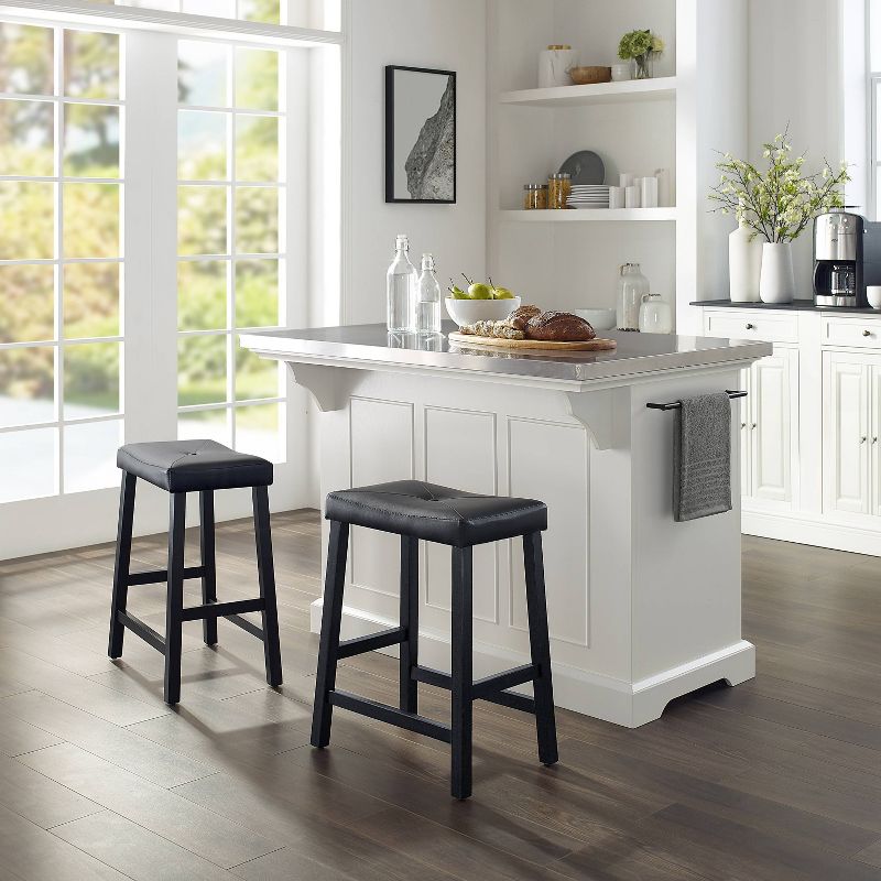Julia Stainless Steel Top Kitchen Island with 2 Upholstered Saddle Counter Height Barstools White - Crosley, 4 of 14