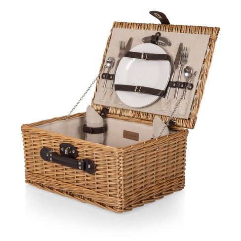 Picnic Time Classic Picnic Basket With Beige Canvas Wicker Set Solid Pattern Handles Side Pockets 12 Pieces Target