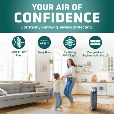 Black and Silver HEPA Tower Air Purifier with UV-C Light