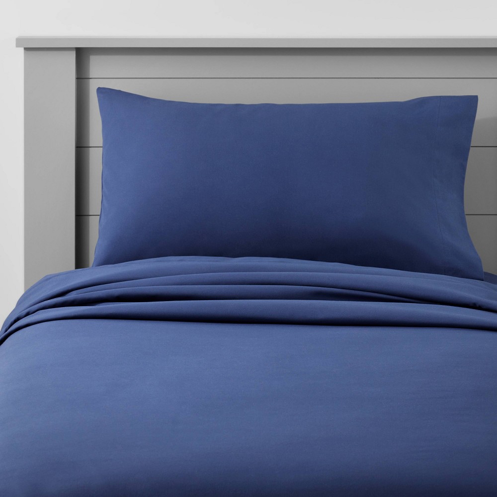 Photos - Bed Linen Twin Solid Cotton Kids' Sheet Set Navy - Pillowfort™