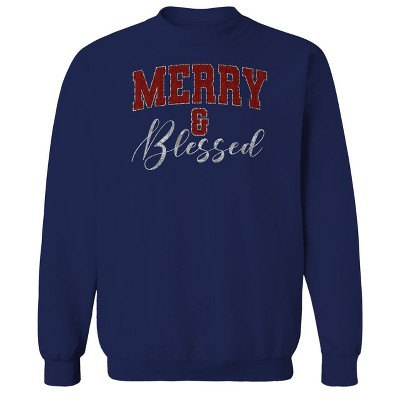 Rerun Island Men's Christmas Merry & Blessed Long Sleeve Graphic Cotton Sweatshirt