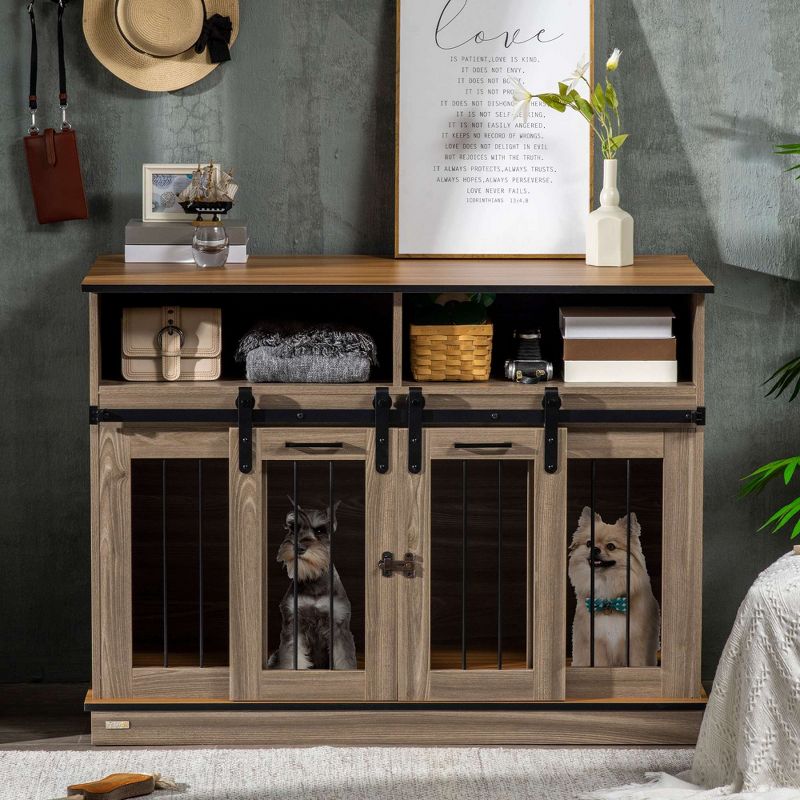 PawHut Dog Crate Furniture for Large Dogs, Double Dog Kennel for Small Dogs with Shelves, Sliding Doors, 3 of 10