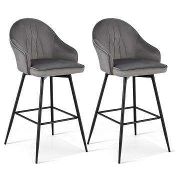 Tangkula Set of 2 Velvet Bar Stools Swivel Pub Height Dining Chairs w/ Metal Legs Gray