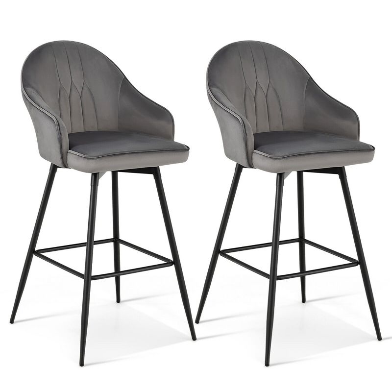 Tangkula Set of 2 Velvet Bar Stools Swivel Pub Height Dining Chairs w/ Metal Legs Gray, 1 of 10