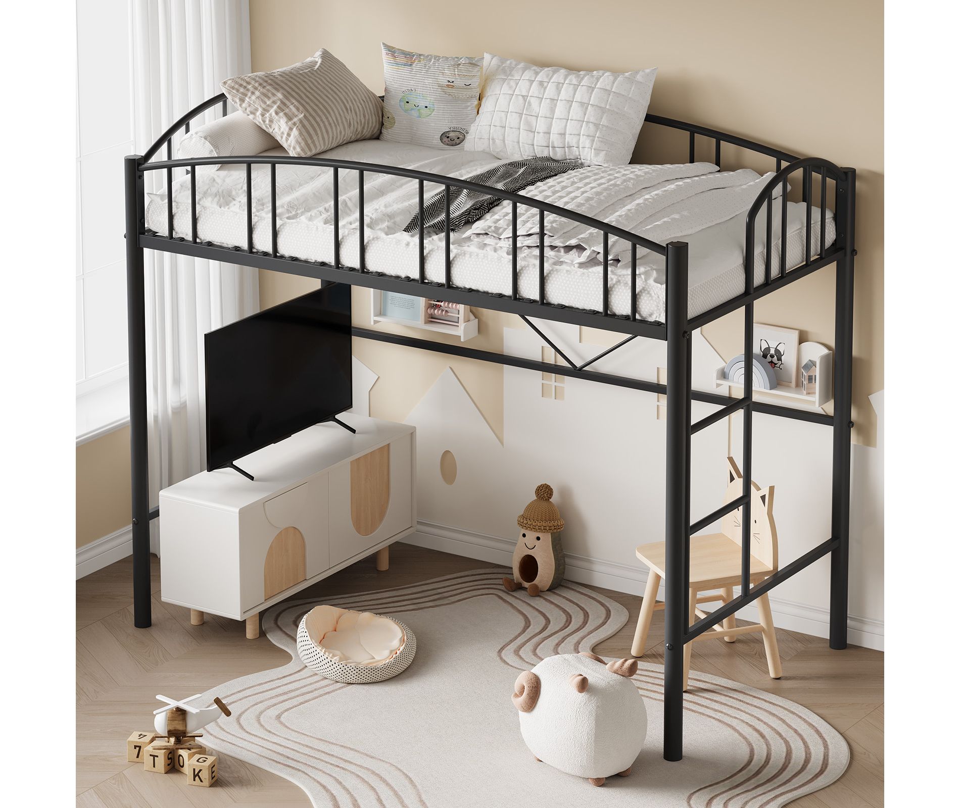 COZONY Twin Loft Bed with Stairs & Safety Rail - Space Saving Metal Frame for Kids Room or Dorm, No Box Spring Needed