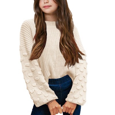 Girls Crewneck Knit Pullover Sweaters Long Lantern Sleeve Oversized Knit Cute Jumper Tops