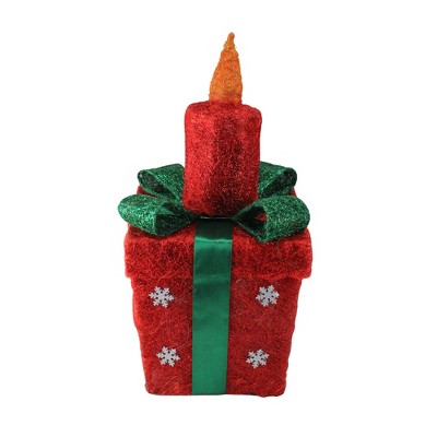 Northlight 20" Red and Green Lighted Sisal Gift Box with Candle Christmas Outdoor Decoration